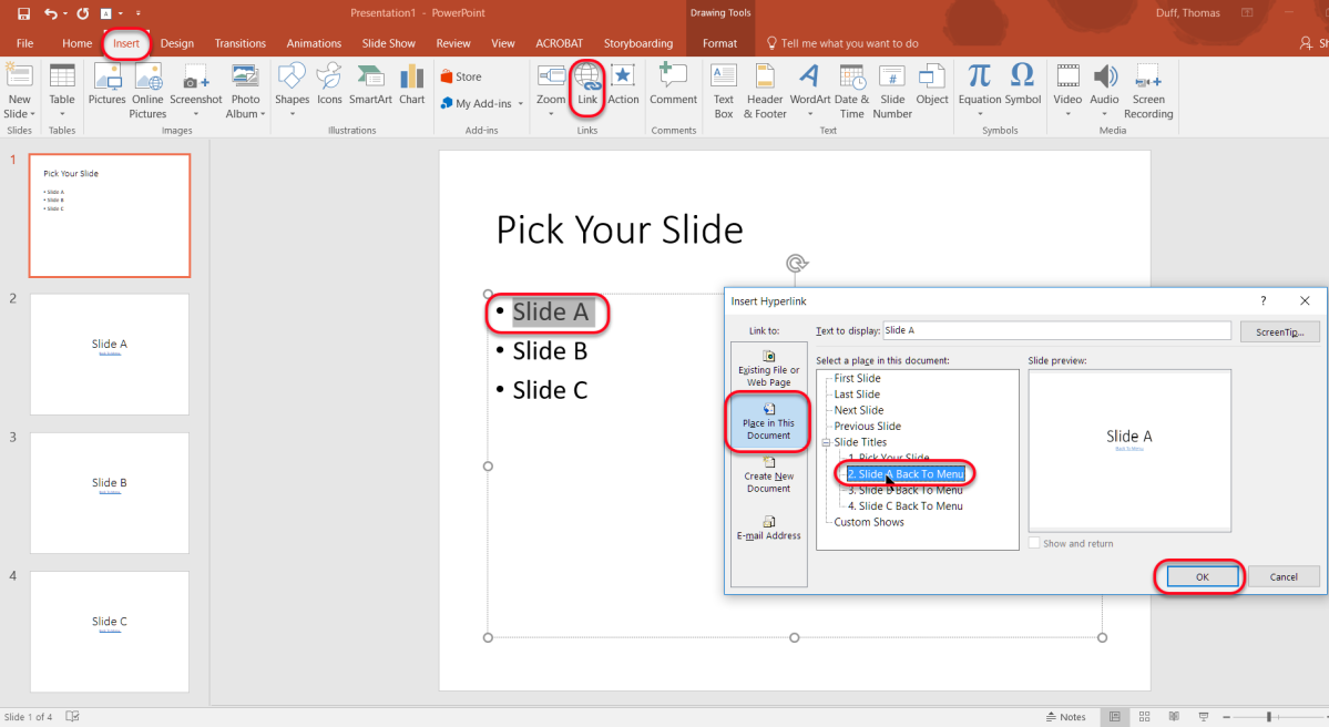 how to link a powerpoint presentation to another presentation